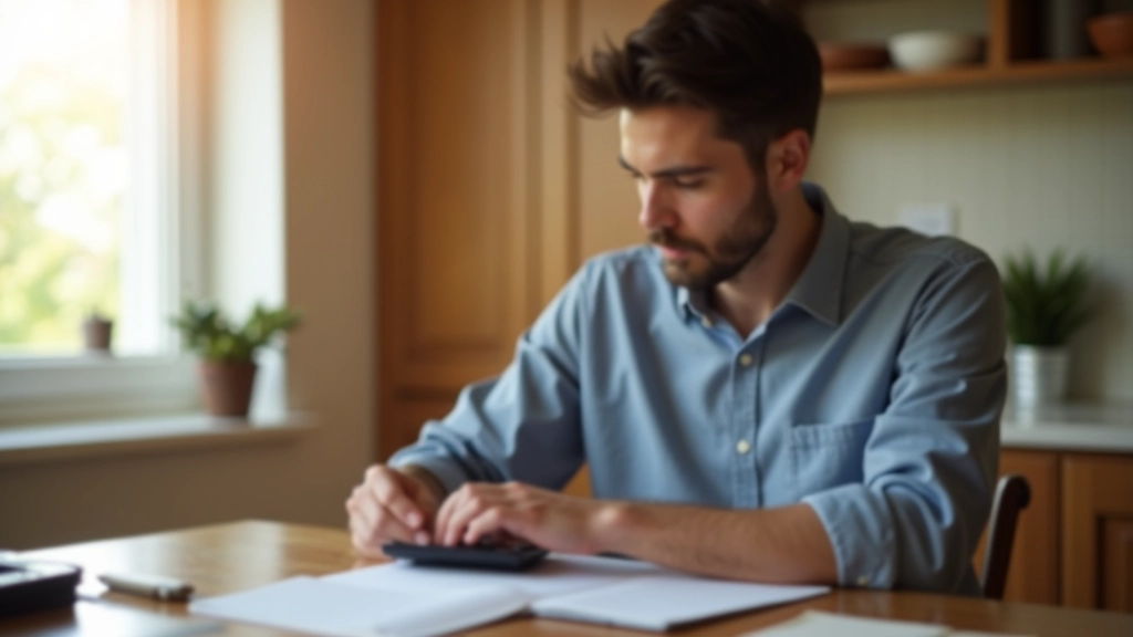 Person reviewing budget plan at kitchen table with notebook and calculator, warm natural light